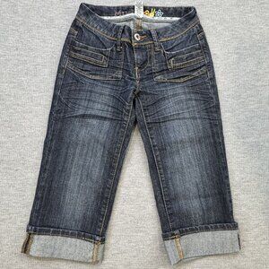 Mudd Womens Denim Capri Jeans Size 0 Embroidered Pockets Cuffed Hem Pockets Y2K